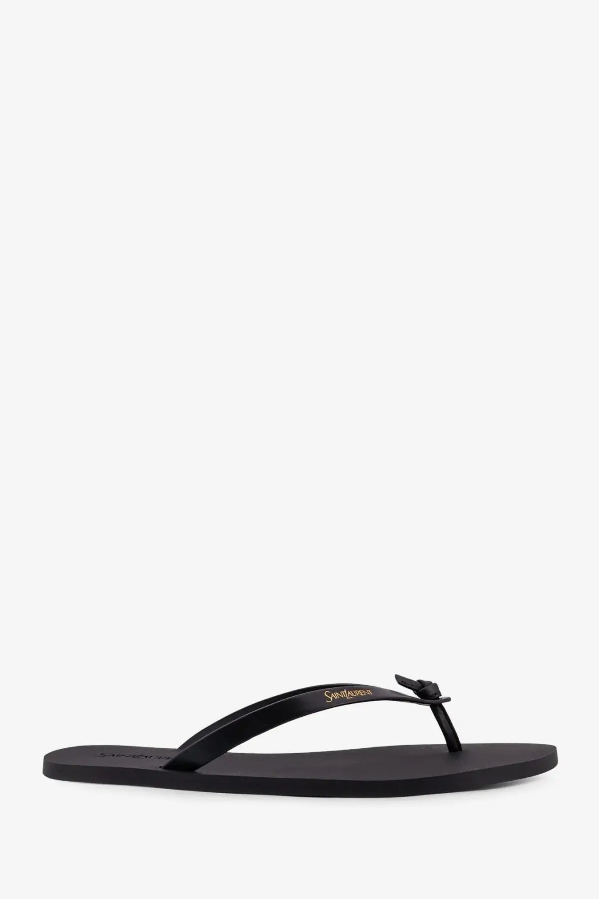 Black rubber saint laurent men’s party low sandals with sleek minimalist design and gold logo embossed on strap