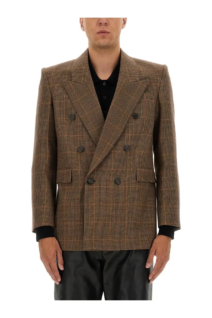 Saint Laurent men’s prince of wales wool jacket brown and beige plaid double breasted with dark buttons