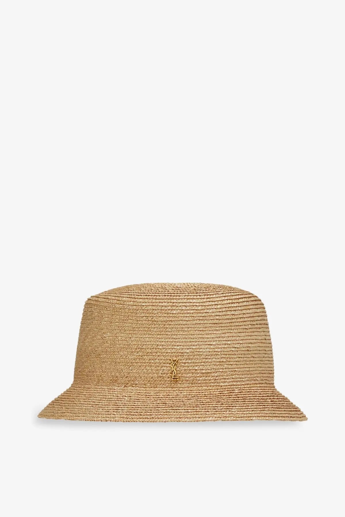 Beige raffia Saint Laurent men’s fedora hat with a small gold-tone logo emblem on the front