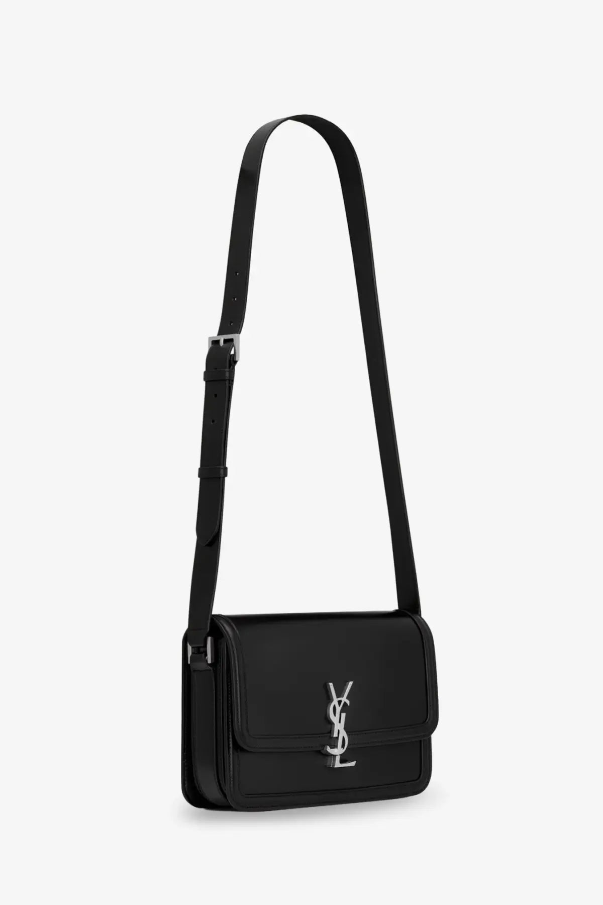 Saint Laurent men’s satchel Solferino medium black leather crossbody bag with silver-tone YSL logo clasp