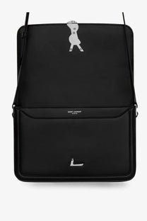 Saint Laurent men’s satchel solferino medium black leather crossbody bag with silver-tone bird clasp and embossed l logo
