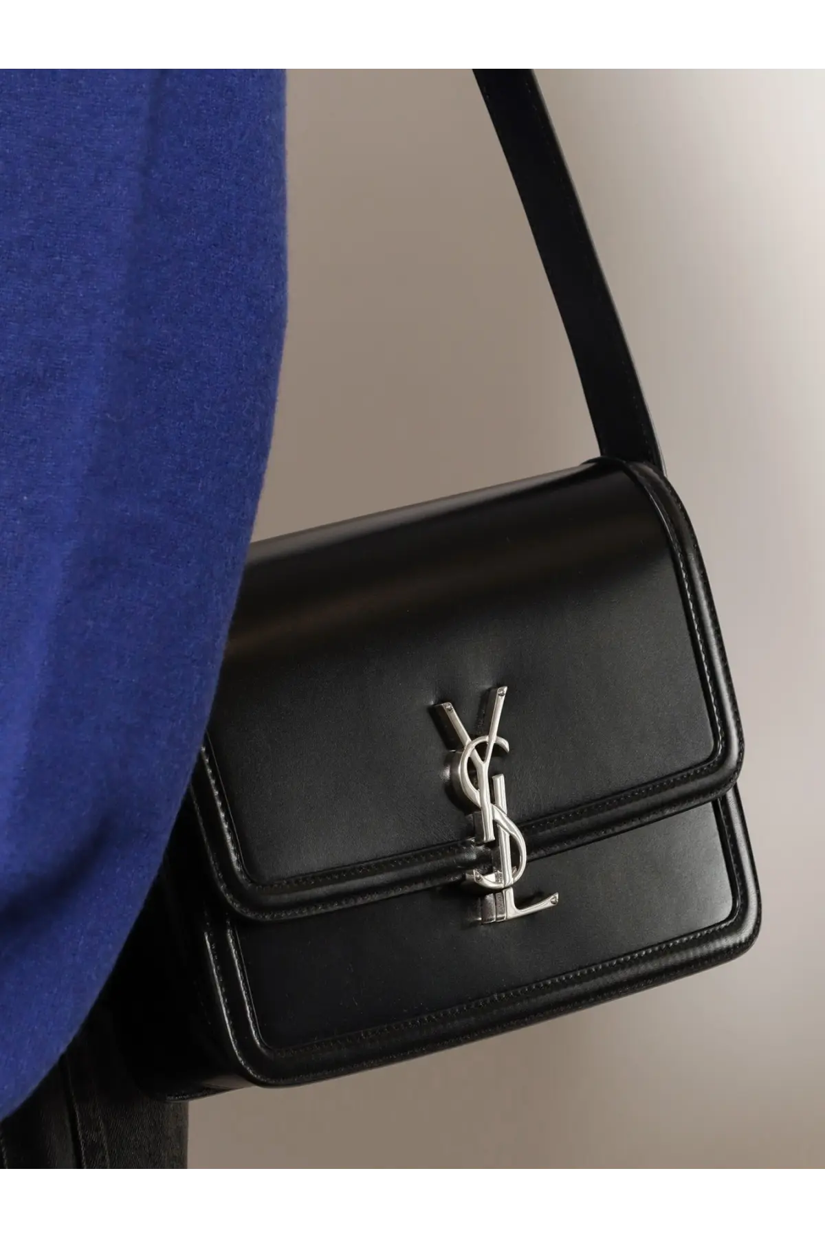 Saint Laurent men’s black leather satchel Solferino medium crossbody bag with silver-tone interlocking logo clasp