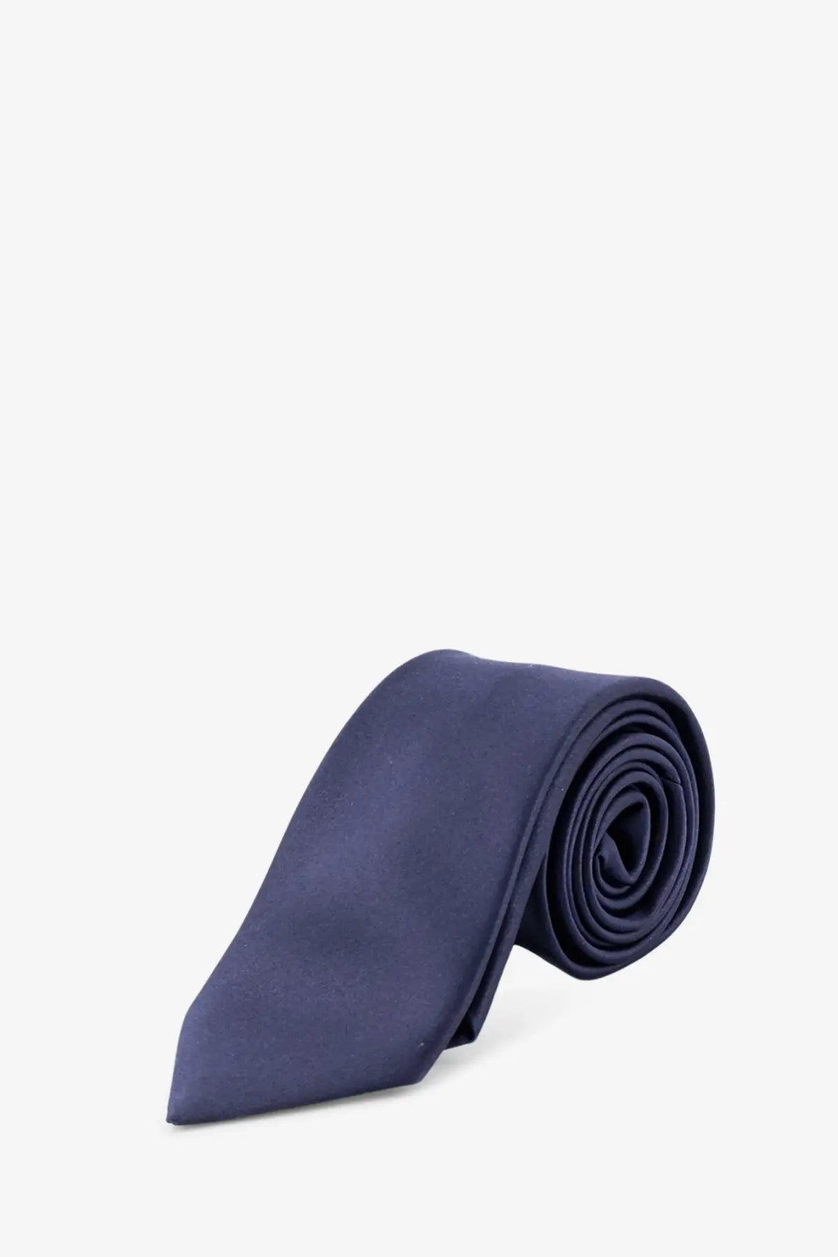 A sleek navy blue satin tie by Saint Laurent neatly rolled and displayed against a clean white background
