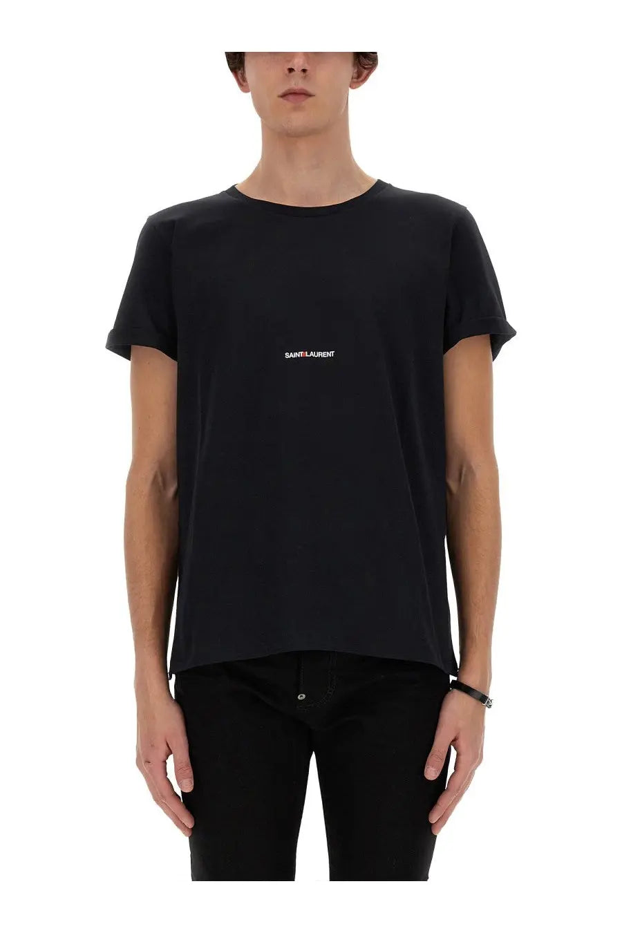 Black Saint Laurent men’s t-shirt with a small white logo on the chest in soft cotton material