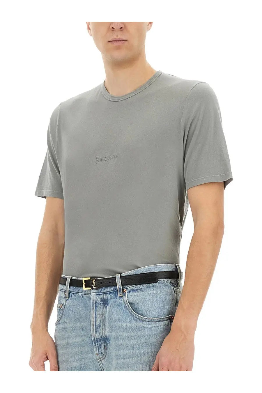 Saint Laurent men’s gray crew neck cotton t shirt with subtle embroidered logo on the chest