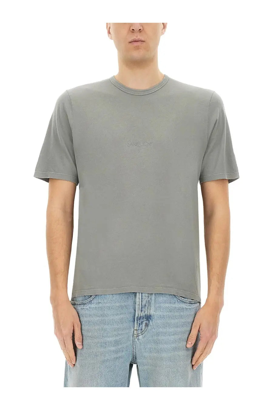 Saint Laurent men’s gray cotton t-shirt with a minimalist design and subtle embroidered logo on the chest