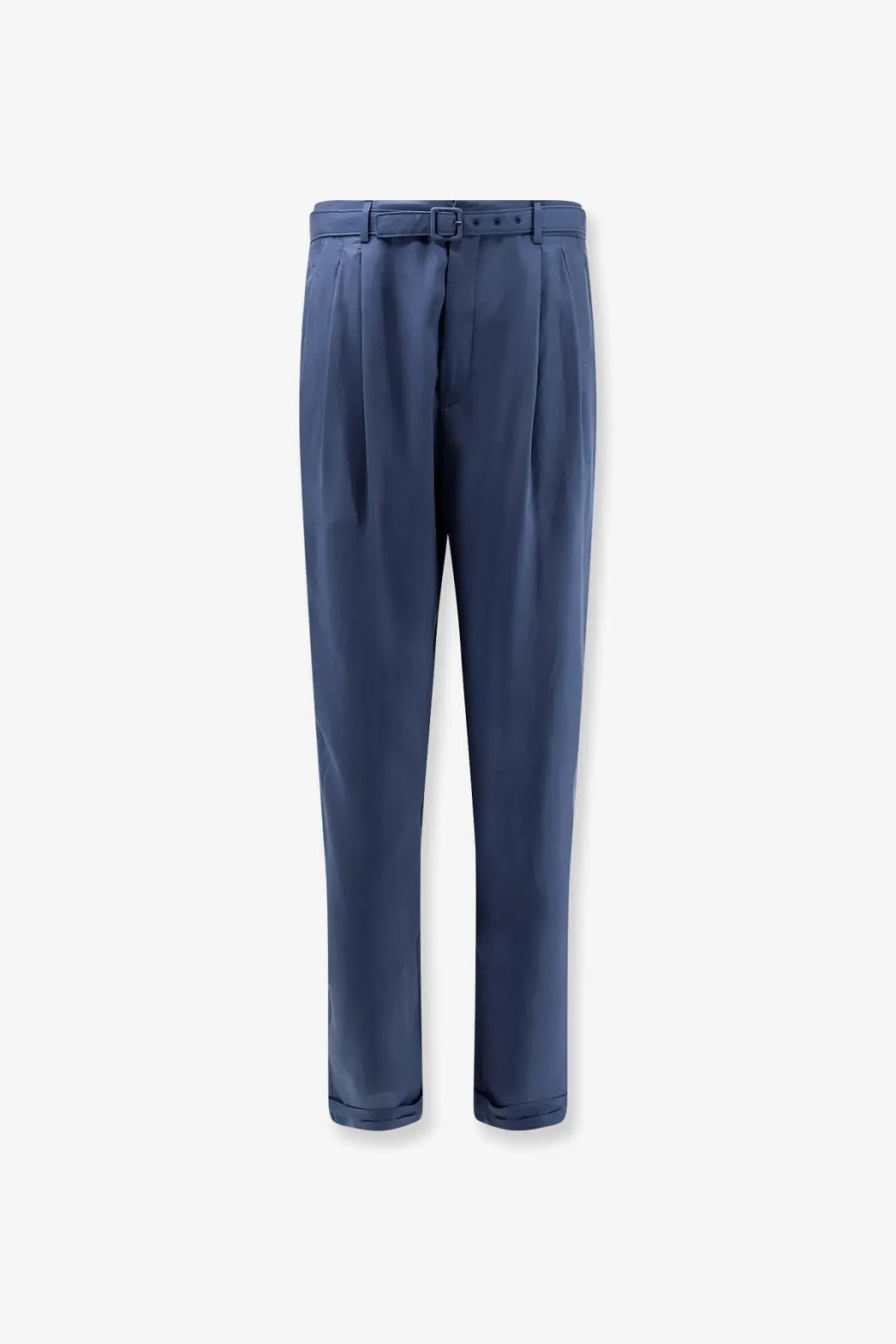 Navy blue silk Saint Laurent men’s pleated trousers with matching belt and button closure