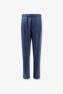 Navy blue silk Saint Laurent men’s pleated trousers with matching belt and button closure