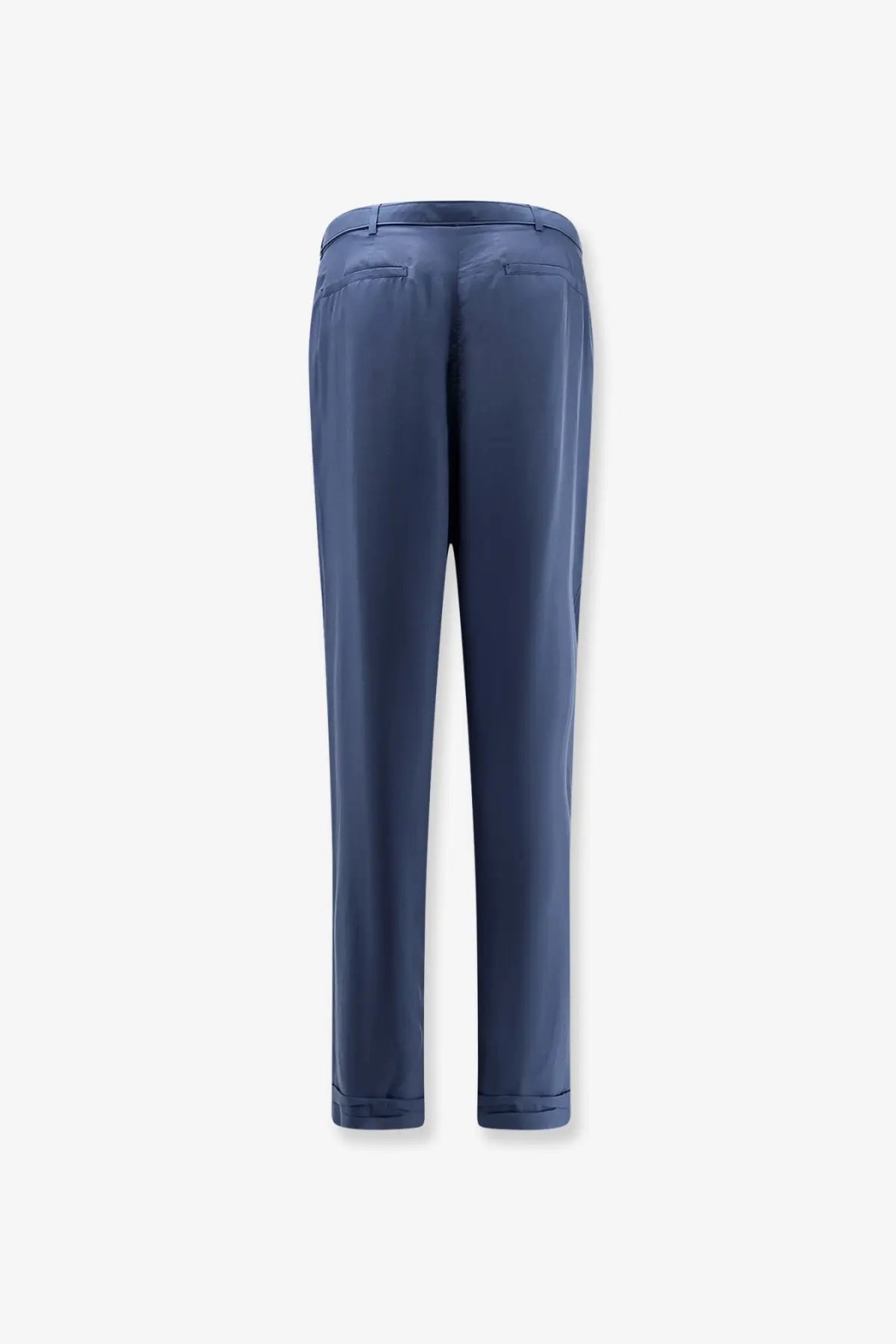 Saint Laurent men’s silk trousers in navy blue with a sleek straight-leg cut and rolled cuffs