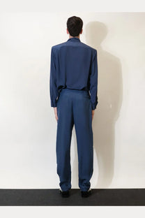 Saint laurent men’s silk trousers in navy blue with a tailored fit and subtle sheen for a sleek look
