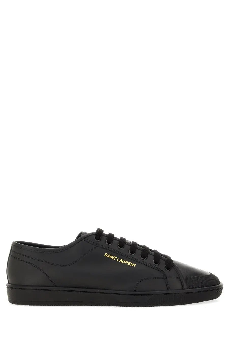 Saint Laurent men’s smooth leather black low-top gym sneaker with gold branding on the side