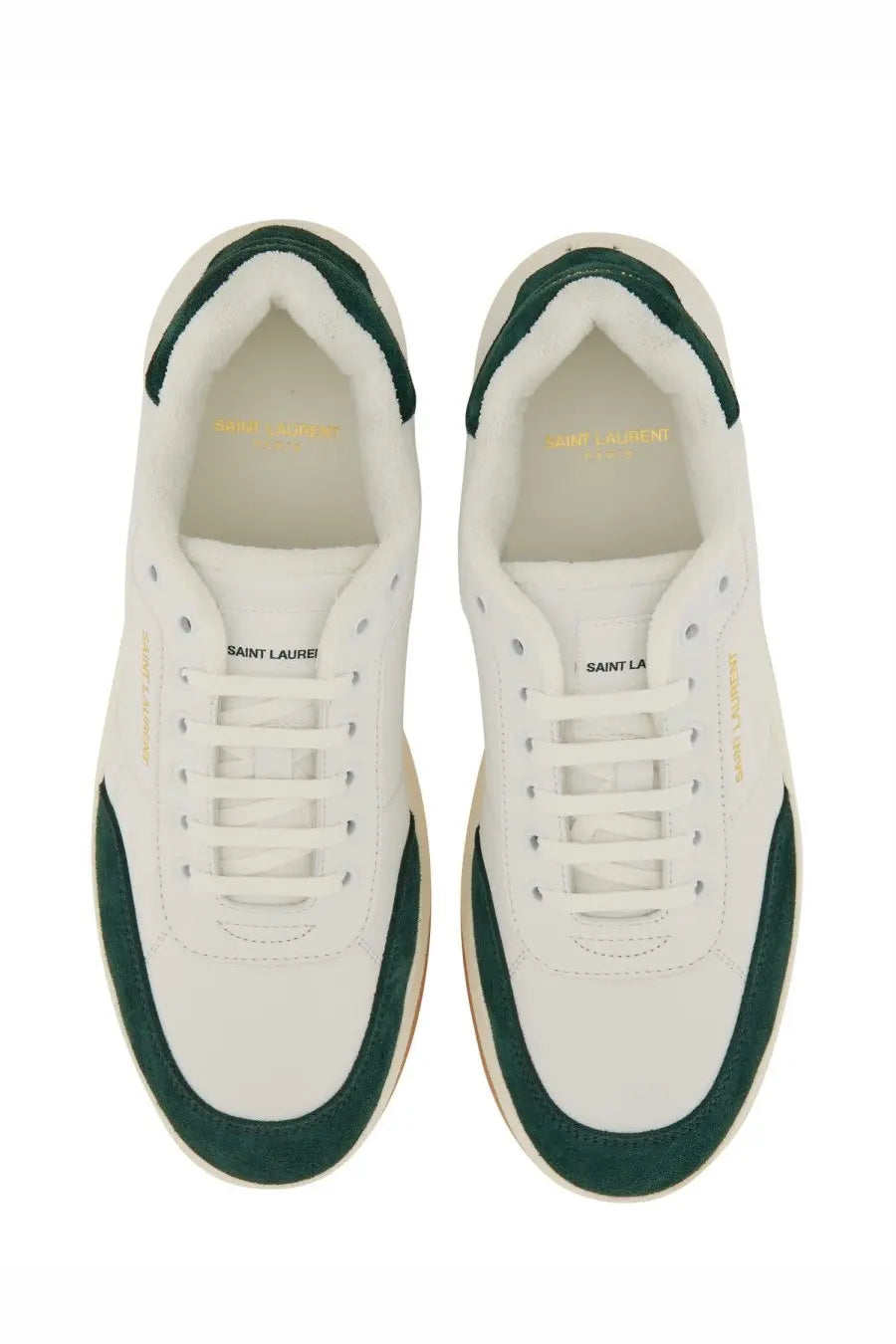 Saint Laurent men’s smooth leather SL sneaker in white with green suede accents and a clean minimalist design