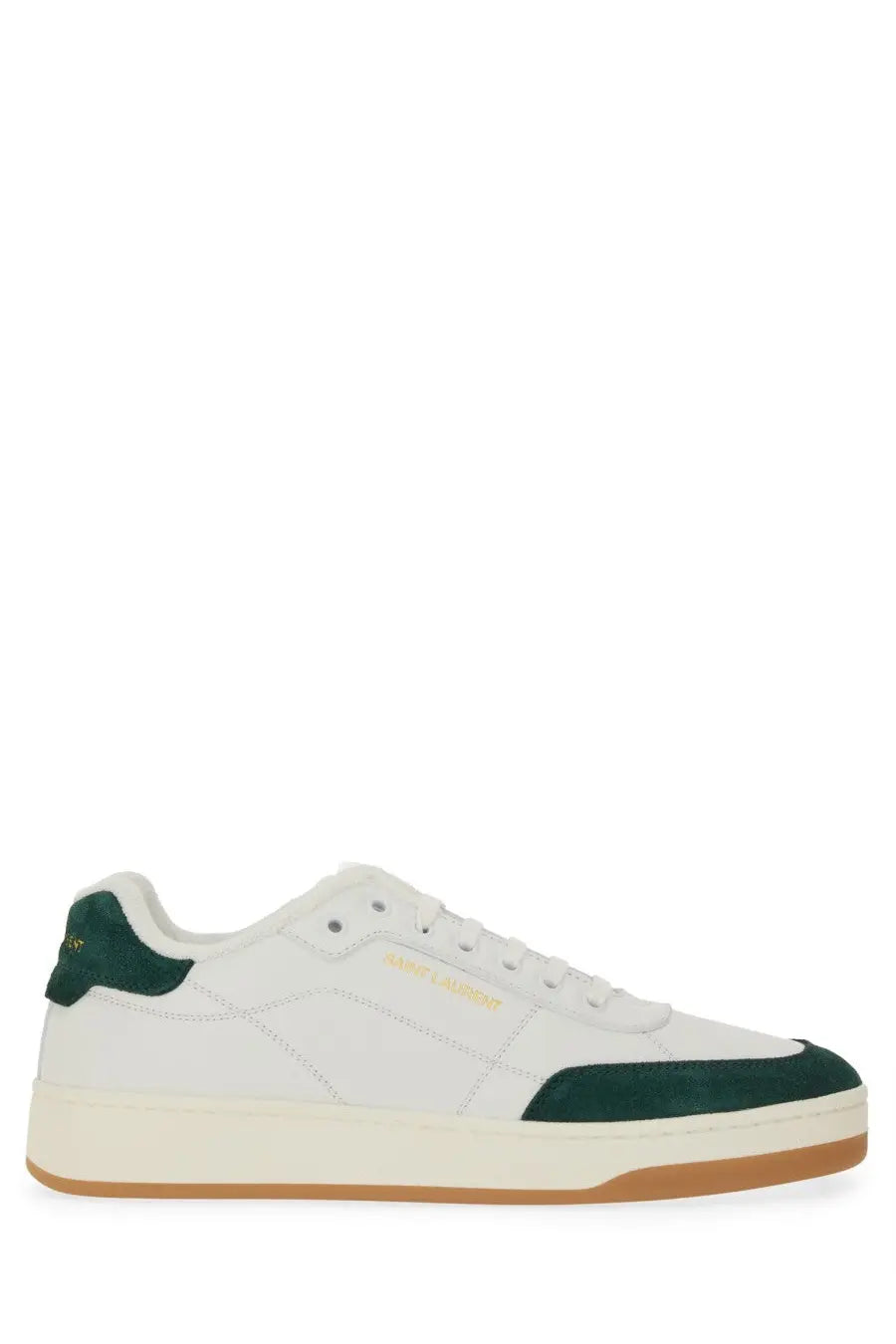 Saint Laurent men’s smooth leather SL sneaker in white with green suede accents and cream rubber sole low-top design