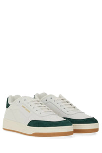 Saint Laurent men’s smooth leather white low-top sneakers with white and green suede and gold logo lettering