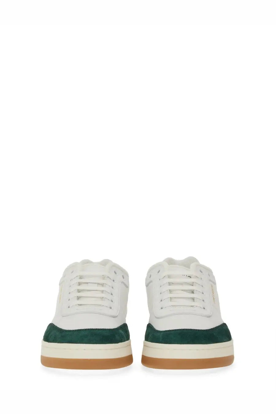 Saint Laurent men’s smooth leather SL sneaker white with dark green suede toe cap and tan rubber sole