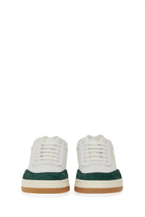 Saint Laurent men’s smooth leather SL sneaker white with dark green suede toe cap and tan rubber sole