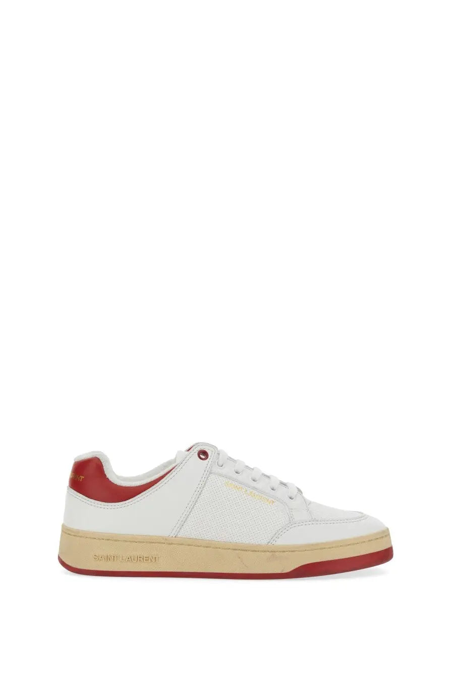 White leather saint laurent men’s sneaker with red accents on heel tongue and sole edge back side view