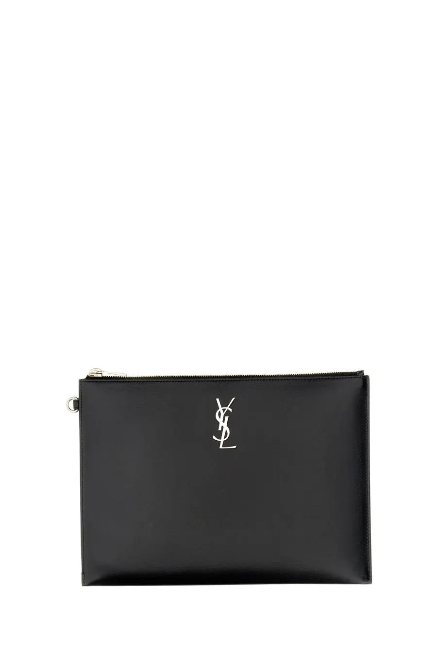 Saint Laurent men’s tablet case Cassandras black glossy clutch with silver logo and sleek leather finish