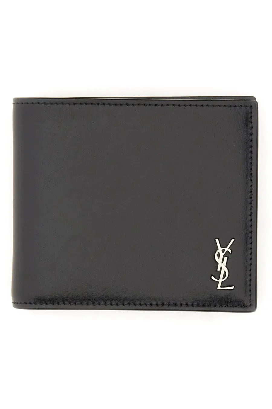 Saint Laurent men’s tiny Cassandre east west wallet black leather with silver YSL logo emblem on lower right corner