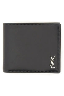 Saint Laurent men’s tiny Cassandre east west wallet black leather with silver YSL logo emblem on lower right corner