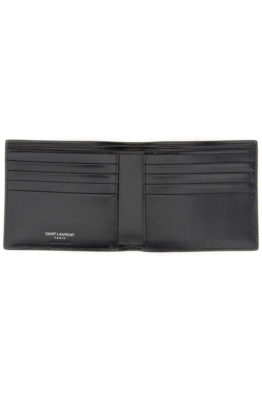 Saint Laurent men’s tiny Cassandre east west wallet in black smooth leather with bi-fold design and multiple card slots