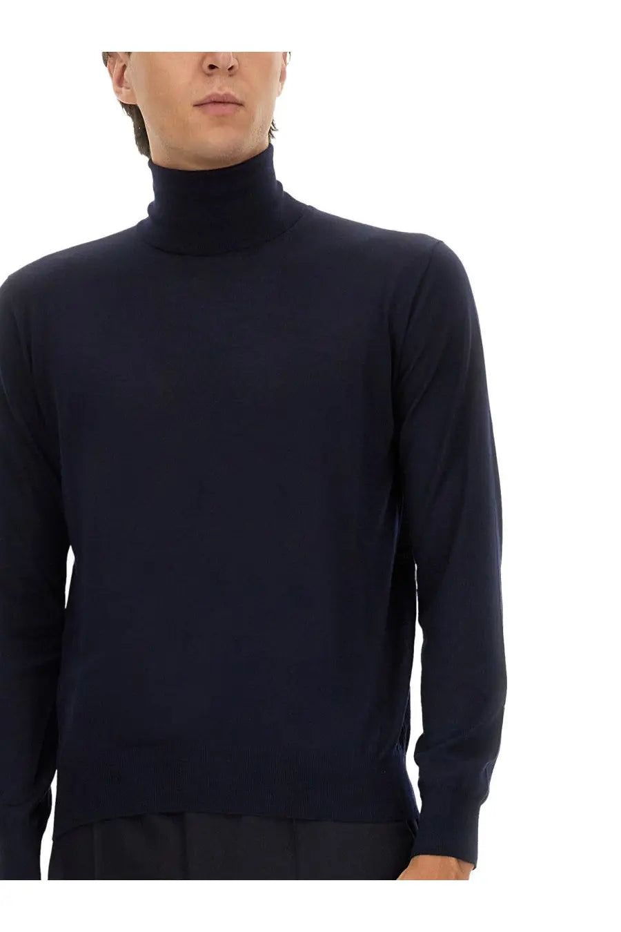 Saint Laurent men’s navy blue turtleneck pullover with smooth finely knit texture and sleek design
