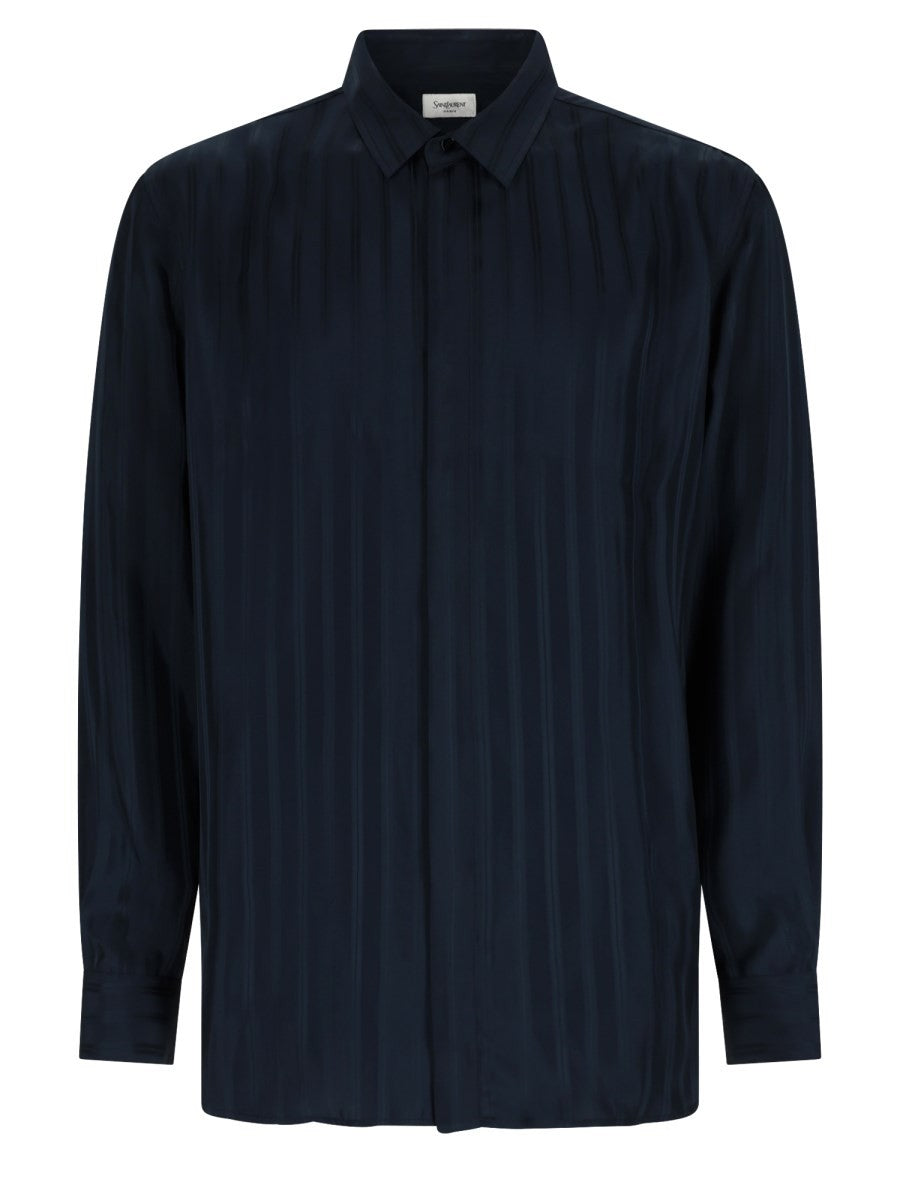 Saint Laurent Men's Viscose Striped Shirt Blue