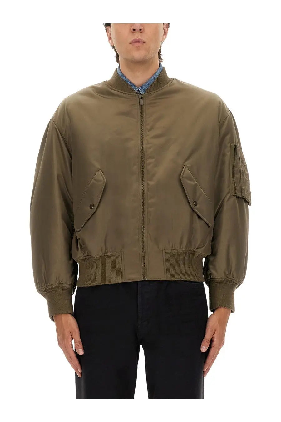 Saint Laurent men’s olive green bomber jacket with ribbed cuffs and waistband and two flap chest pockets