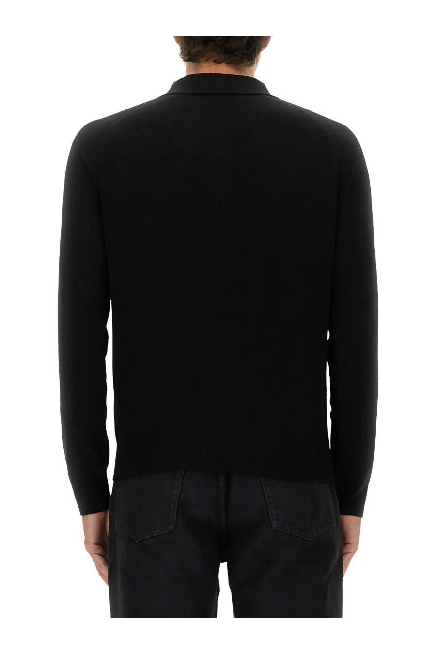 Saint Laurent men’s black wool polo shirt with long sleeves classic collar and smooth uniform fabric