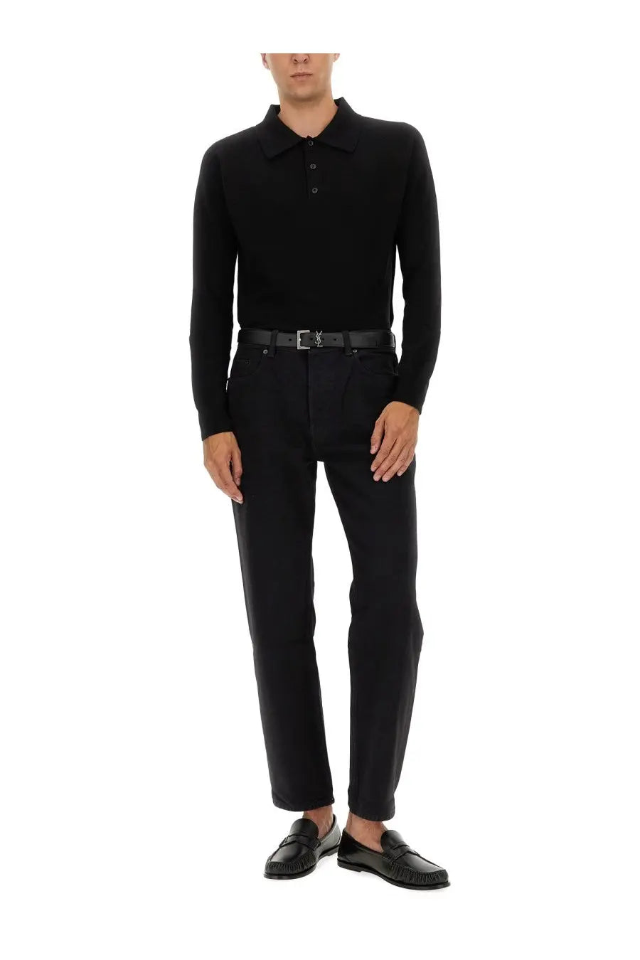 Saint Laurent men’s black wool polo shirt with long sleeves, classic collar, and buttoned placket