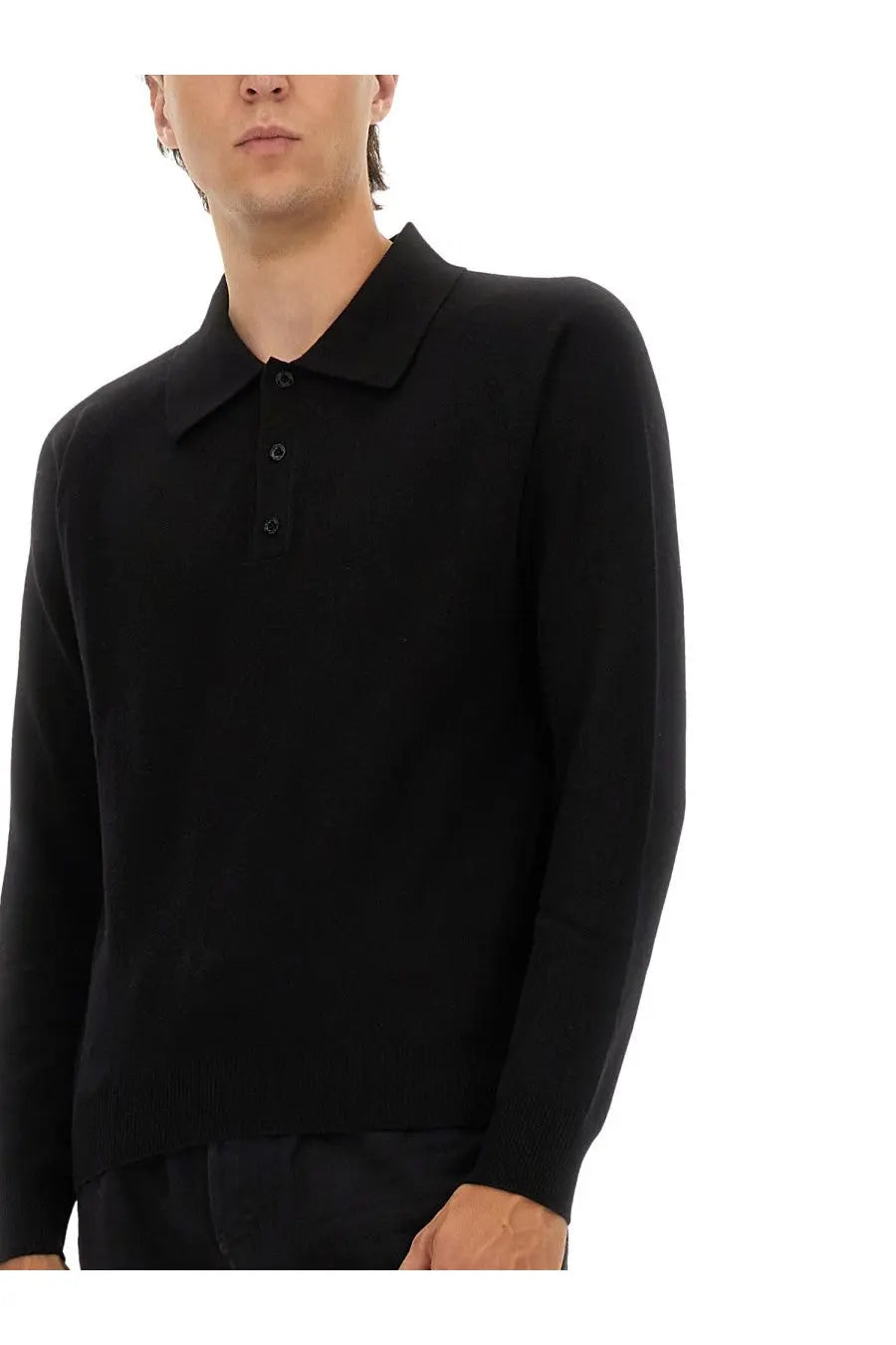 Saint Laurent men’s black wool long-sleeved polo shirt with classic collar and buttoned placket