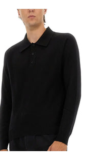 Saint Laurent men’s black wool long-sleeved polo shirt with classic collar and buttoned placket