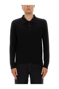 Saint Laurent men’s wool polo black long-sleeved shirt with classic collar and buttoned front