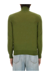 Saint Laurent men’s olive green wool and silk turtleneck sweater with smooth knit texture