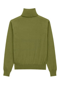 Saint Laurent men’s olive green wool and silk turtleneck sweater with smooth knit texture and ribbed cuffs