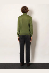 Saint Laurent men’s olive green wool and silk turtleneck sweater featuring a soft blend and classic fit