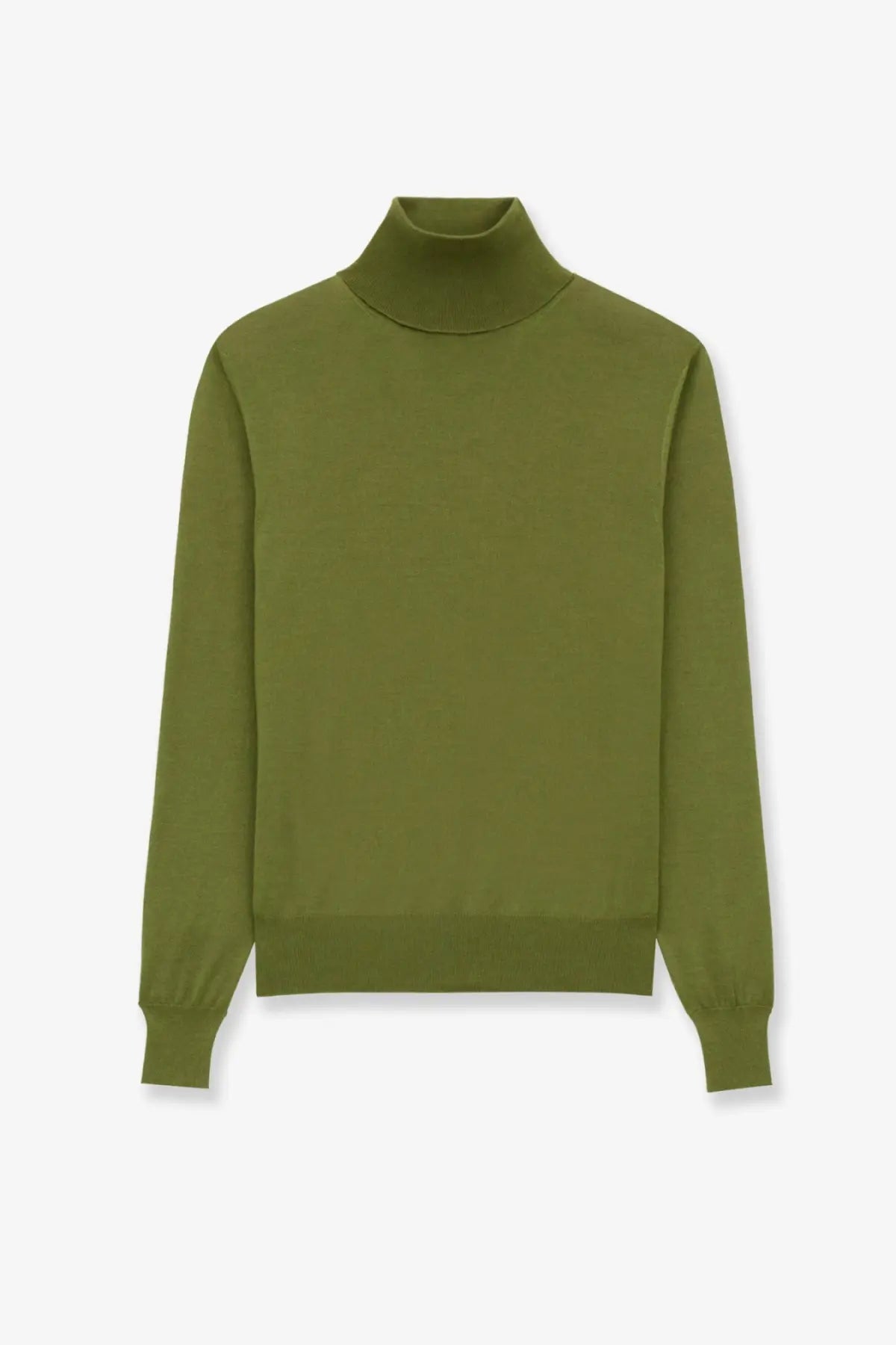 Saint Laurent men’s olive green wool and silk turtleneck sweater with smooth fitted knit texture