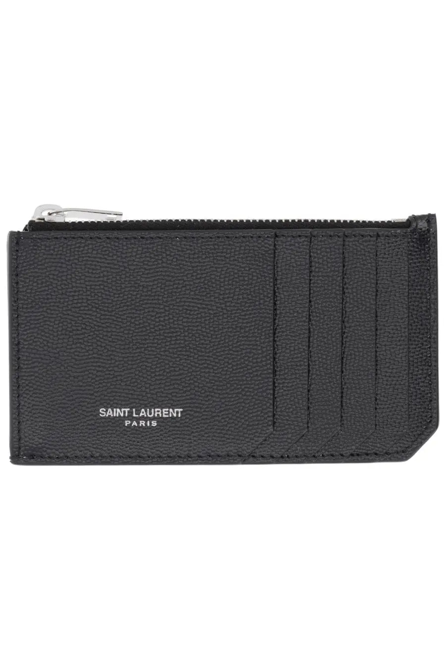 Saint Laurent men’s black textured leather card holder with silver zipper and Saint Laurent Paris branding