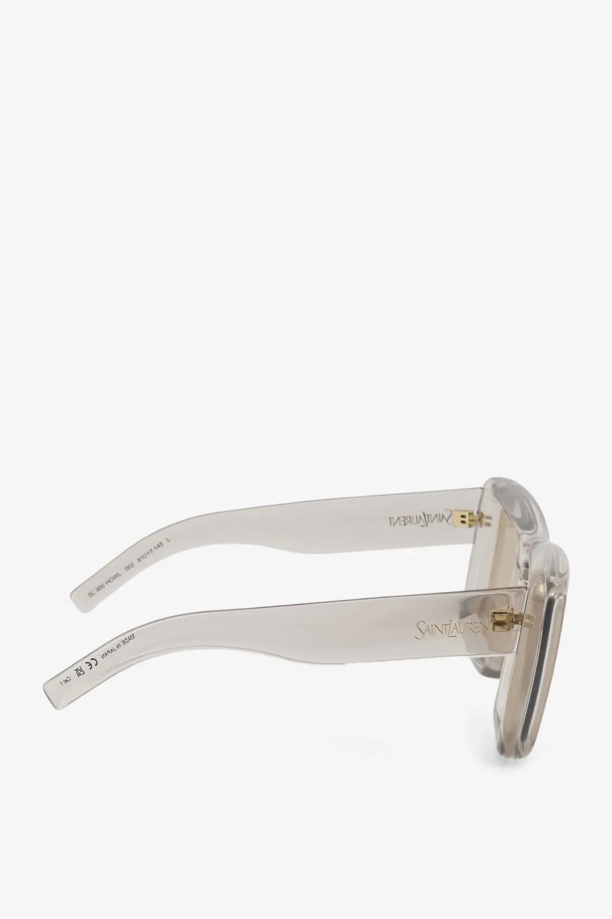 Saint Laurent women’s beige acetate sunglasses with clear rectangular frames and gold-tone hardware