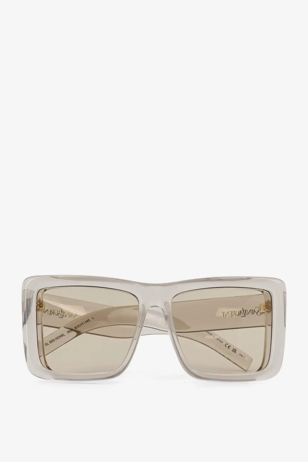 Saint Laurent women’s clear rectangular acetate sunglasses with beige tinted lenses and gold-tone branding on temples