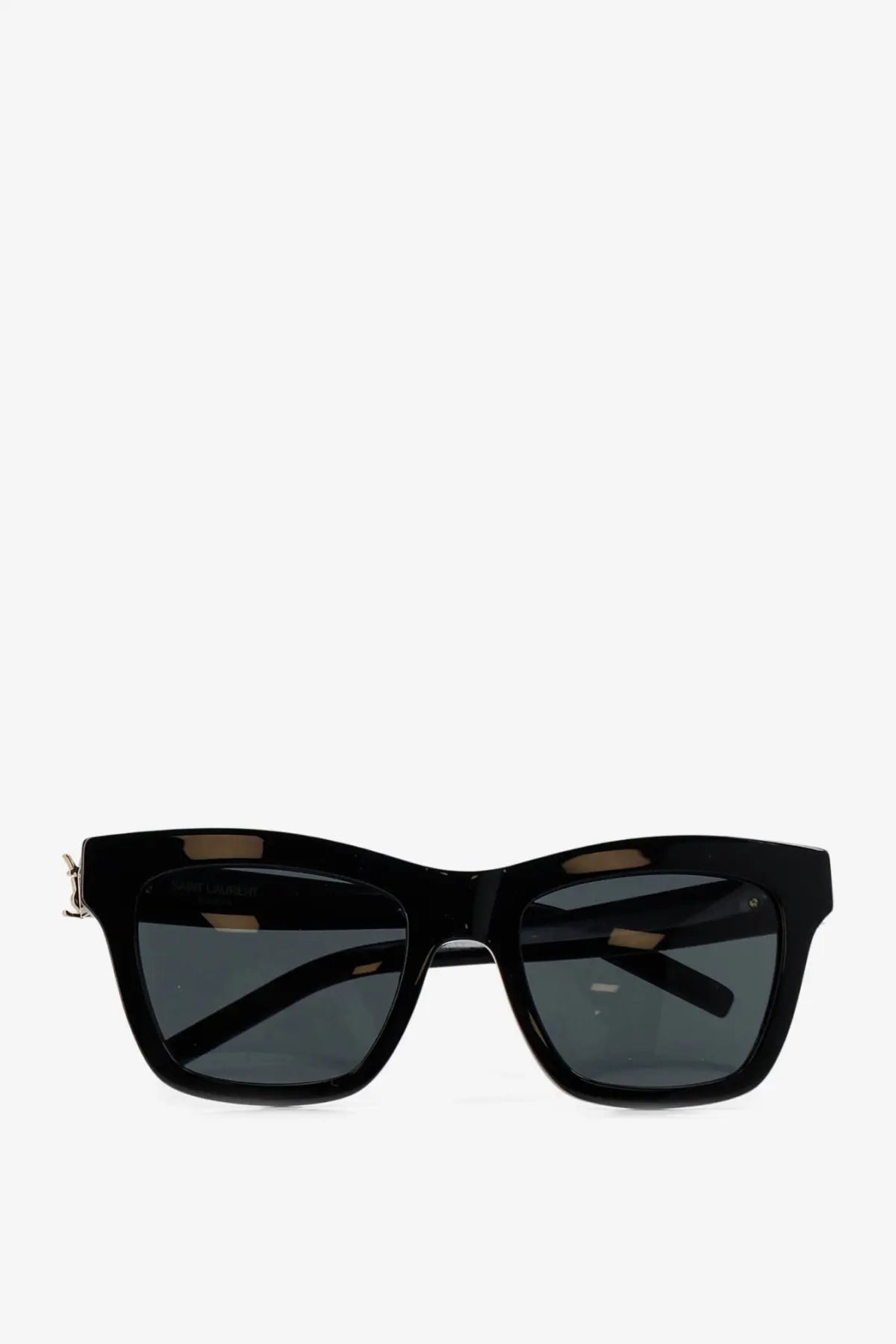 Saint Laurent women’s black acetate cat-eye sunglasses with dark gray lenses and gold-tone metal temple accents