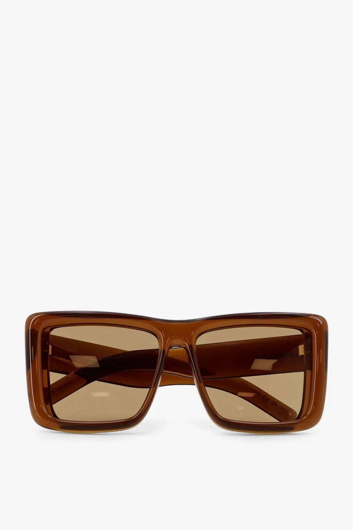 Saint Laurent women’s brown acetate rectangular sunglasses with translucent frame and tinted lenses