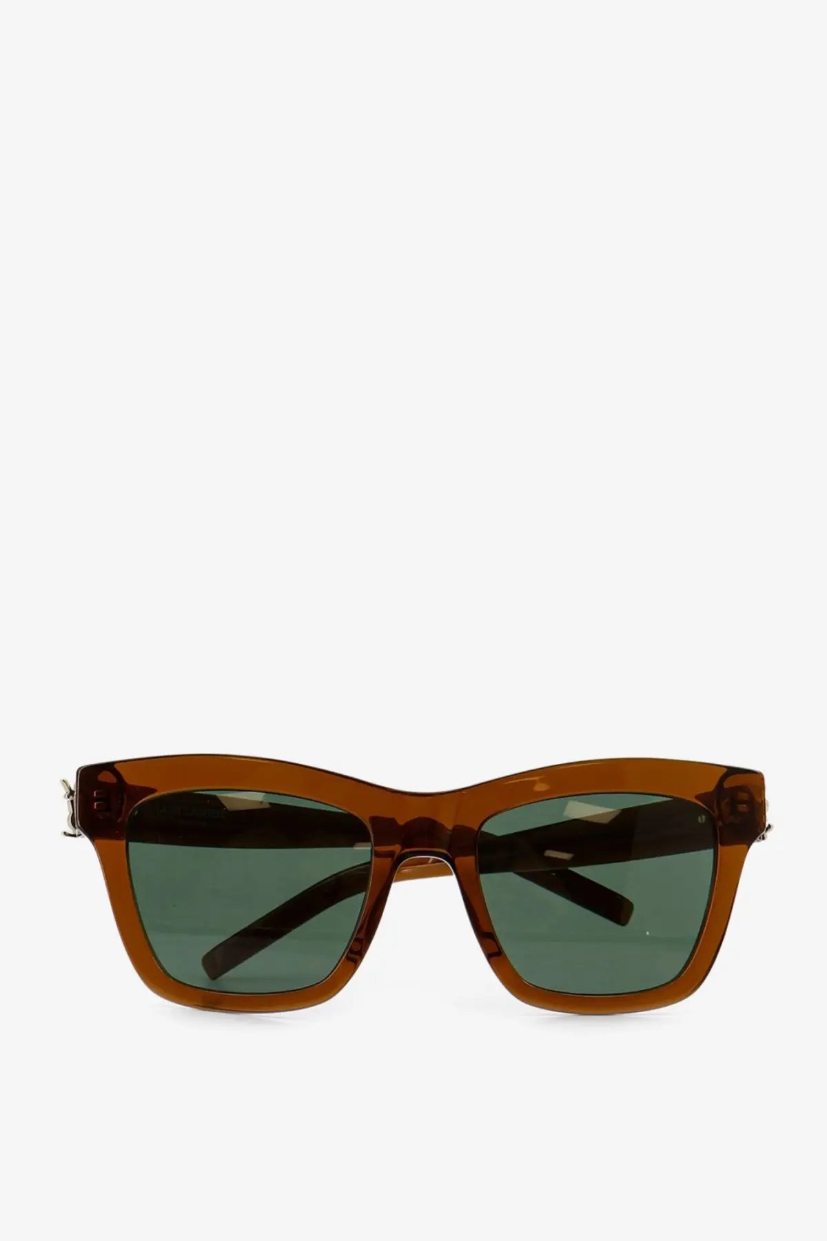 Saint Laurent women’s acetate sunglasses in brown tortoiseshell with green tinted lenses and a modern sleek design