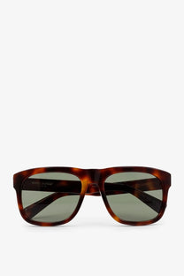 Saint Laurent women’s brown tortoiseshell acetate sunglasses with green-tinted rectangular lenses