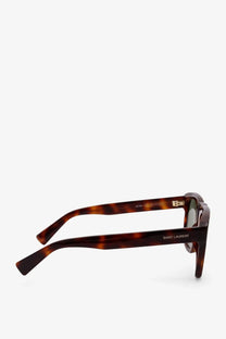 Saint Laurent women’s acetate sunglasses in brown tortoiseshell with rectangular frame and gold-tone hardware