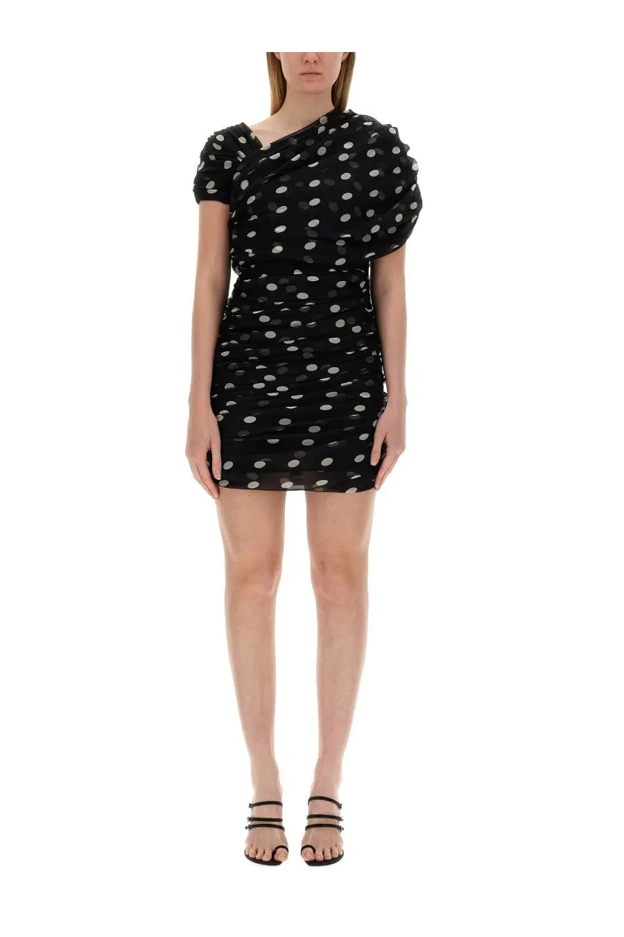 Saint Laurent women’s asymmetrical gathered black mini dress with white polka dots and ruched short sleeves