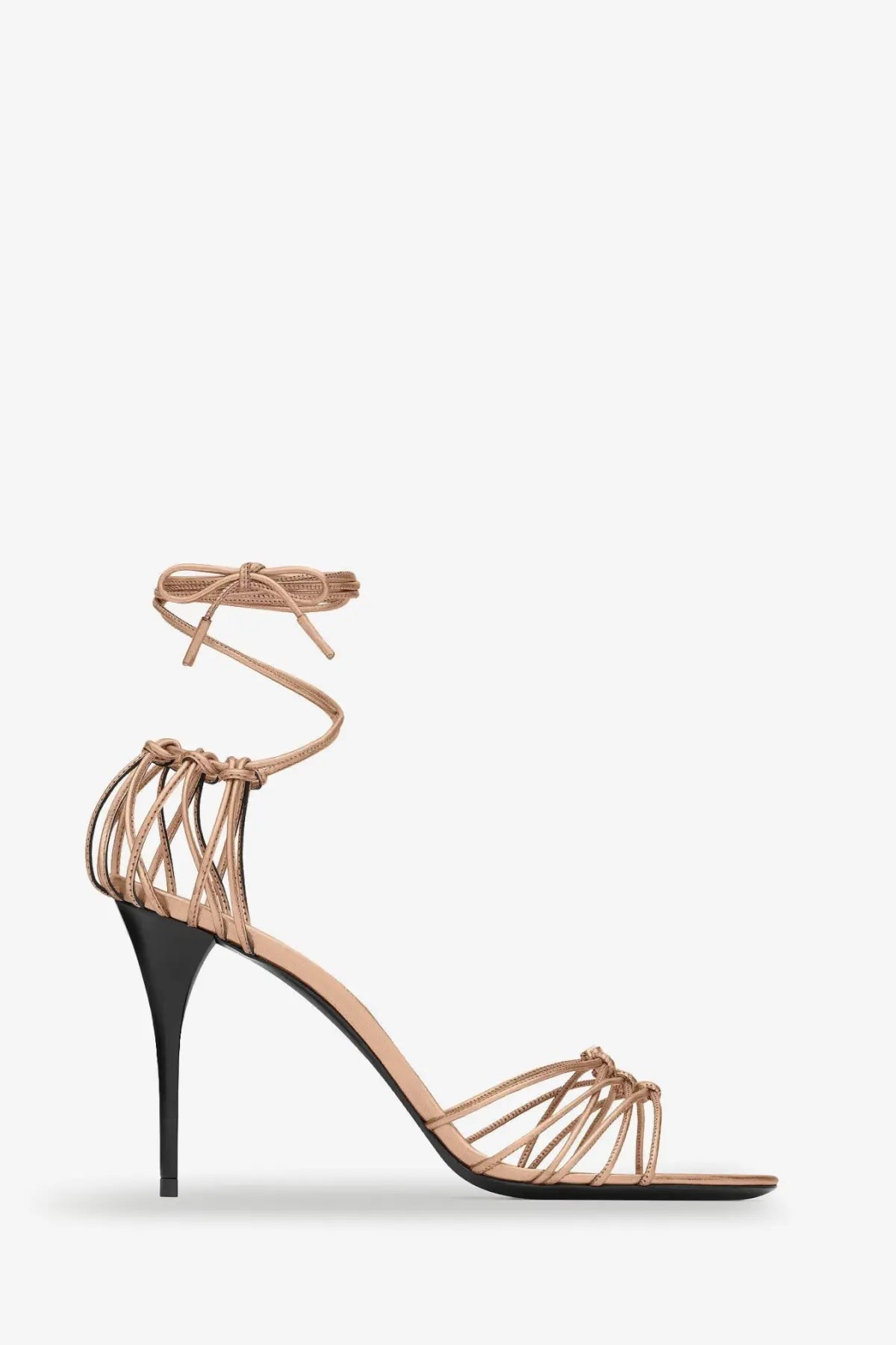 Saint Laurent women’s babylone beige leather strappy sandal with black stiletto heel and crisscross ankle tie