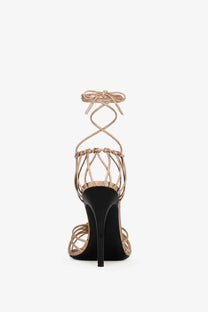 Saint Laurent women’s babylone rose gold leather strappy high heel sandal with black sole and ankle tie