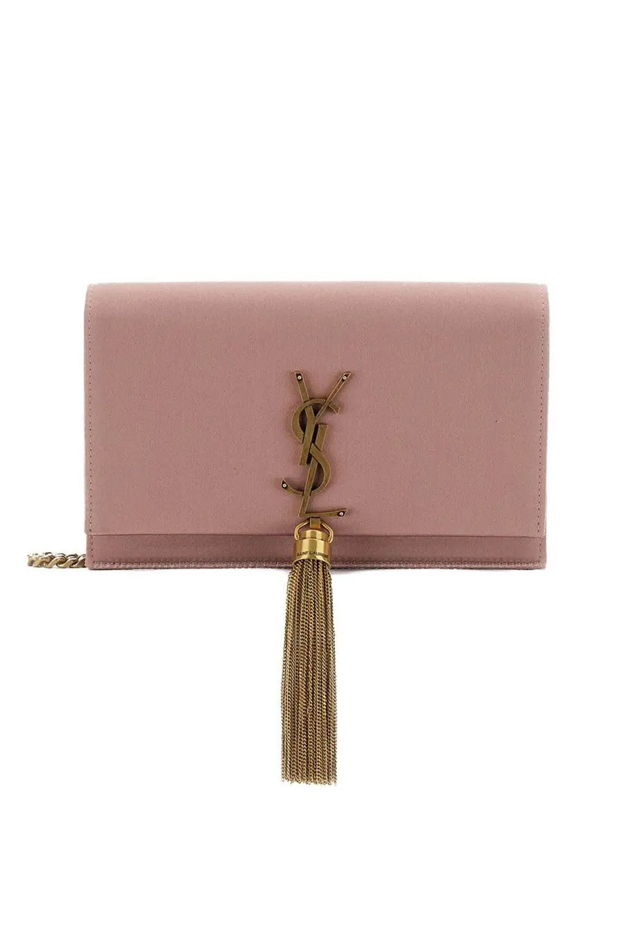 Saint Laurent women’s pale pink leather clutch with gold-tone YSL logo and matching tassel from the Kate Cassandras line