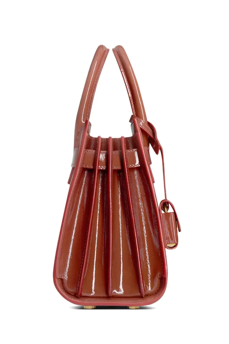 Saint Laurent women’s bag sac de jour nano brown glossy terracotta patent leather handbag with structured handles and pleated front design